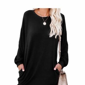 PrinStory Women's Long Sleeves Dress
Casual Loose Round-Neck Tuinc Tops w-Pocket